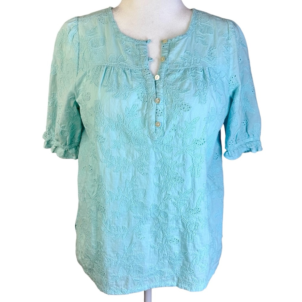 LOFT Light Aqua Blue Eyelet Embroidered Blouse Size M - Picture 3 of 11